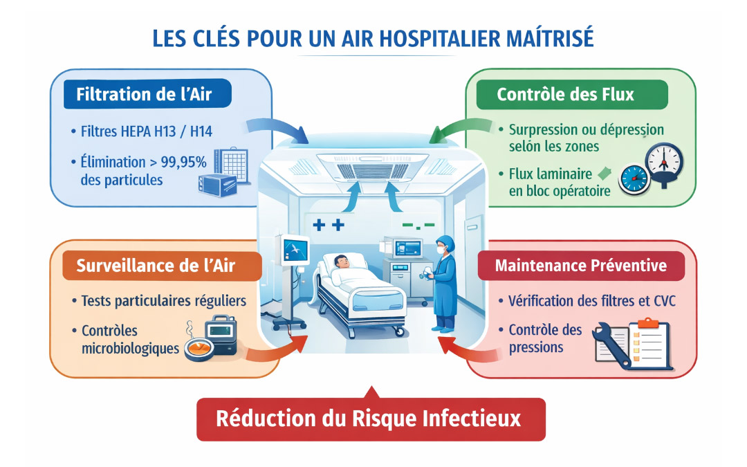 Infographie illustrant le fonctionnement des installations CVC dans un hôpital : centrale de traitement d’air, filtres HEPA, flux d’air en surpression et dépression, chambres protégées et bloc opératoire.