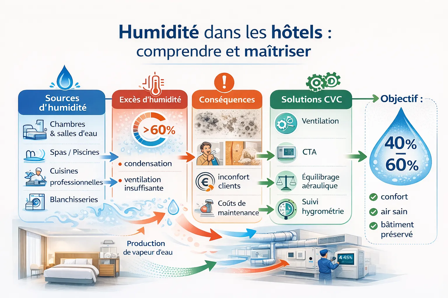Gestion de l’humidité dans les hôtels : sources, risques et solutions CVC Infographie expliquant la gestion de l’humidité dans les hôtels : sources d’humidité, conséquences et solutions CVC pour maintenir une hygrométrie de 40 à 60 %