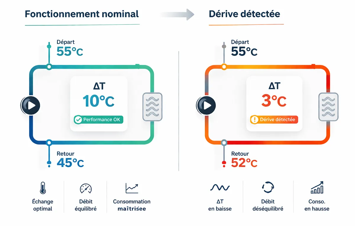 Schéma comparatif montrant une dérive de performance d’un réseau hydraulique CVC avec baisse du ΔT et retour de température élevé