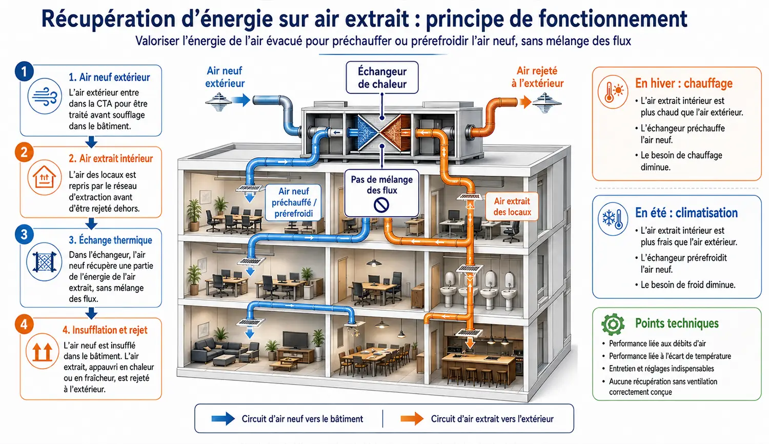 Schéma du principe de récupération d'énergie sur l'air extrait